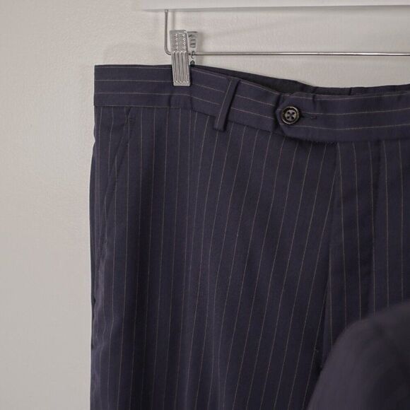 Stafford Super 100s Wool Blue Striped 2 Piece Suit 44R 37/33 Flat Front High Ris - Picture 2 of 16